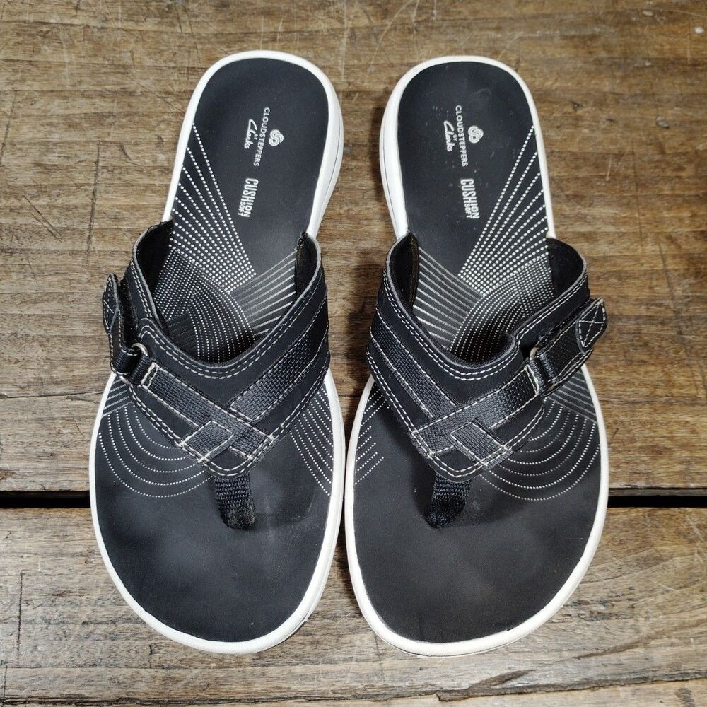 Clarks Cloudsteppers Sandals Shoes Sz 8 M Black Flip Flop Thong Comfort